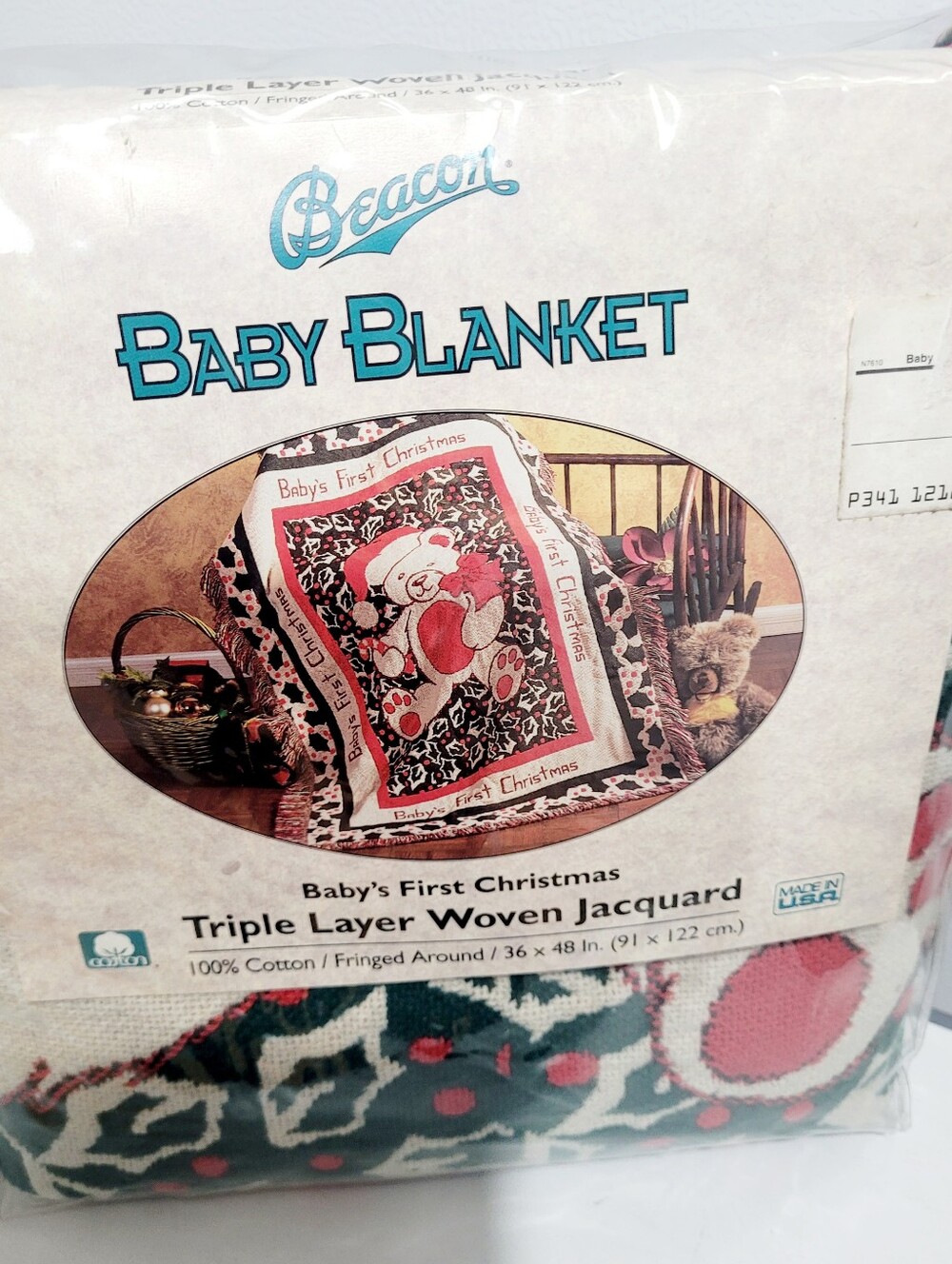 Beacon Baby’s First Christmas Woven Jacquard Blanket Vintage Made in USA 36x48